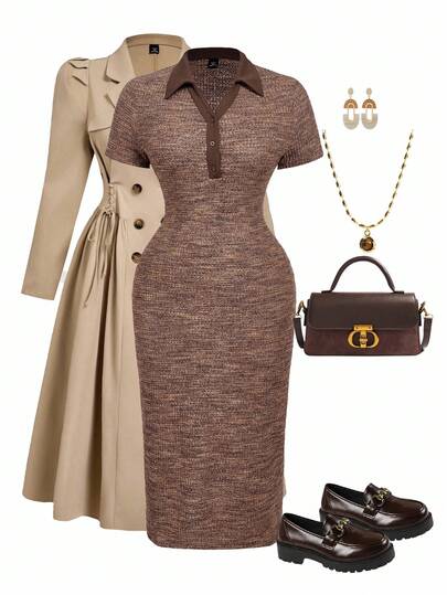 SHEIN MOD 大码复古拼色短袖中长紧身连衣裙