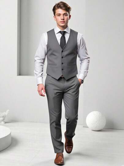 SHEIN 2 piezas Conjunto de caballero para adolescente, chaleco slim fit gris + pantalón largo texturizado, traje formal elegante para cumpleaños, boda, graduación, fiesta, actuación