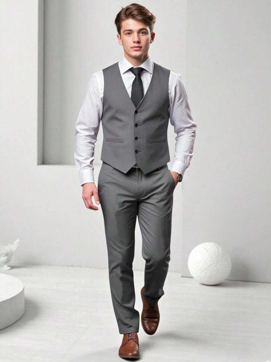 SHEIN 2pcs Teen Boy Gentleman Outfit, Grey Slim Fit Vest + Textured Long Pants, Elegant Formal Suit For Birthday, Wedding, Graduation, Party, Performance - Grey - View 1