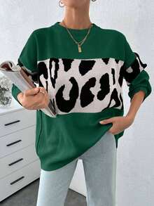 EURMUSE Femmes Pulls lâches tricotés à manches raglan avec imprimé léopard - Vert - Voir 4