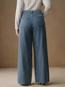 Anewsta Calça Denim Reta de Cintura Alta com Bordado e Recorte Vazado para Mulheres Plus Size, Moda para Primavera e Dia dos Namorados