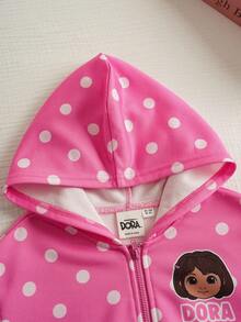 DORA | SHEIN 2 pièces/Set Jeune fille Décontracté Mignon Pois & Personnage de Dessin Animé Graphique Veste à Capuche Zippée à Manches Longues Rose & Legging Ajusté Décoré d'un Nœud