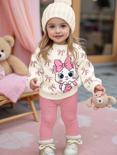 SHEIN Set de 2 piezas de sudadera de manga larga y leggings casuales, sueltos, gruesos y suaves para bebé niña, en blanco crema y rosa crema, con estampado lindo de gato de dibujos animados y lazo de leopardo, adecuado para otoño e invierno