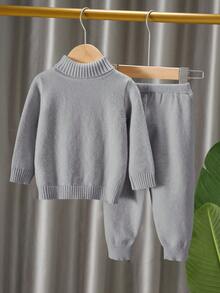 SHEIN 2 件套男婴/女婴百搭宽松柔软舒适高领毛衣和裤子套装，适合秋冬季 - 灰色 - 查看 2