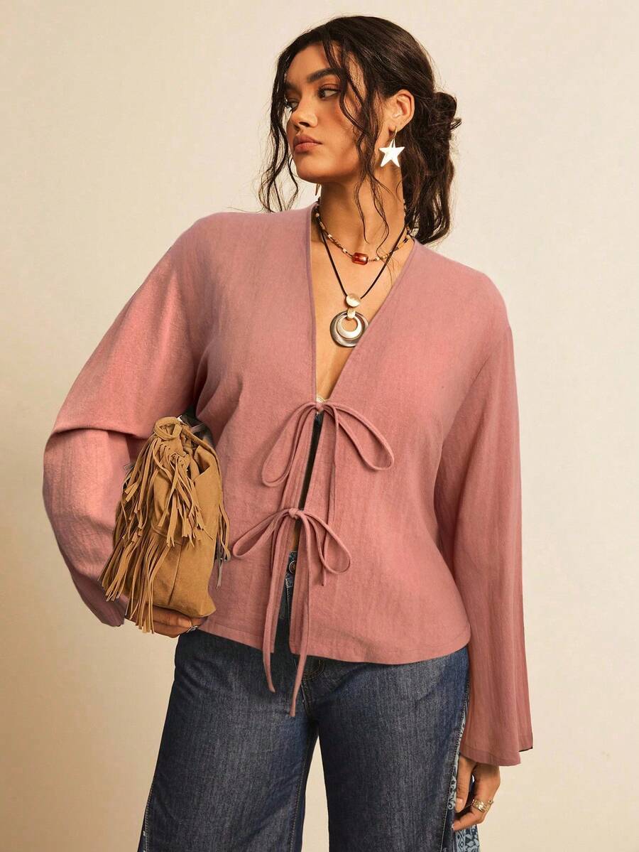 Freevana Plus Size Solid Color Woven Flared Long Sleeve Loose Regular Blouse For Women - Baby Pink - View 1