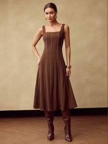 MOTF PREMIUM 女士结构化设计撞色边 A 字中长连衣裙 - 咖啡棕 - 查看 4