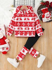 SHEIN Conjunto de 2 piezas de sudadera con capucha y leggings con estampado de árbol de Navidad, ciervo y bloques de color para niña, cálido y cómodo de manga larga, ideal para uso casual, diario, escolar y en el hogar en otoño e invierno, para Navidad - Rojo - Ver 3