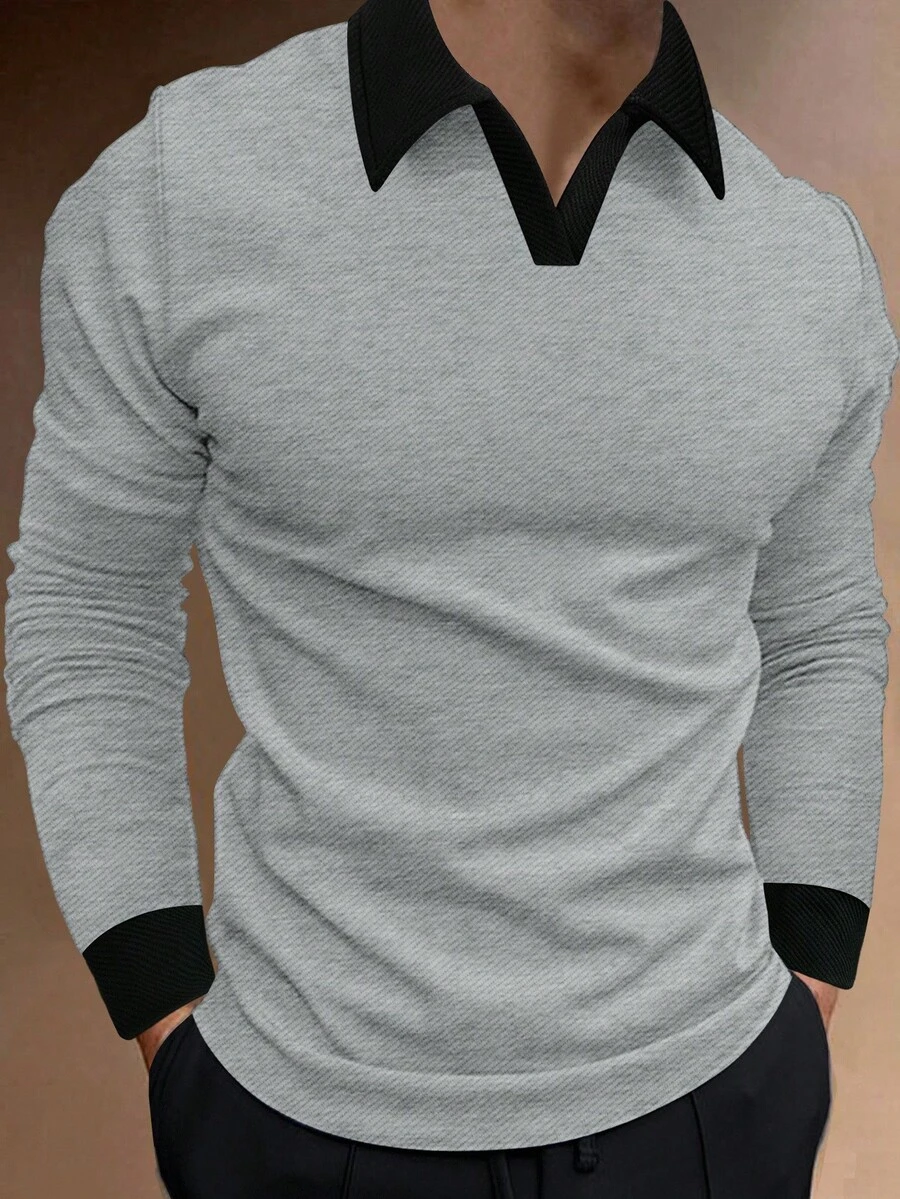 Manfinity Homme 男士休闲通勤撞色长袖Polo衫,时尚上衣,V领日常休闲上衣,适合周末旅行、户外活动、探险旅行、轻松的工作环境或半正式场合,也是送给男友/丈夫、周年纪念日和秋季的理想礼物。 - 灰色 - 查看 1