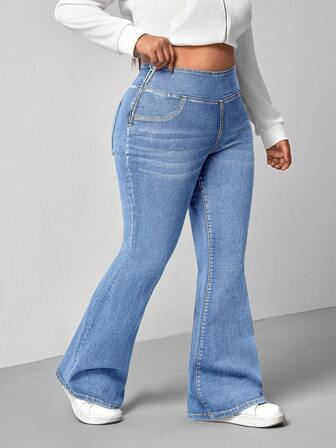 Firerie Plus Size Blue Denim Flared Jeans With Stretch Casual Skinny Elastic Flare Leg, High Waist Leggings Women Plus Size Elastic Waist Skinny Leggings, Casual Lightweight Stretch Denim Jersey Fabric, Suitable For Yoga, Sports, Outdoor & Daily Wear Leggings With Pockets Body-Shaping Leggings