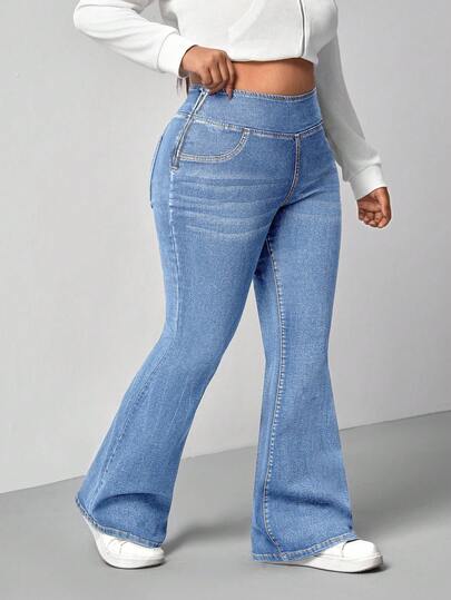 Firerie Plus Size Blue Denim Flared Jeans With Stretch Casual Skinny Elastic Flare Leg, High Waist Leggings Women Plus Size Elastic Waist Skinny Leggings, Casual Lightweight Stretch Denim Jersey Fabric, Suitable For Yoga, Sports, Outdoor & Daily Wear Leggings With Pockets Body-Shaping Leggings