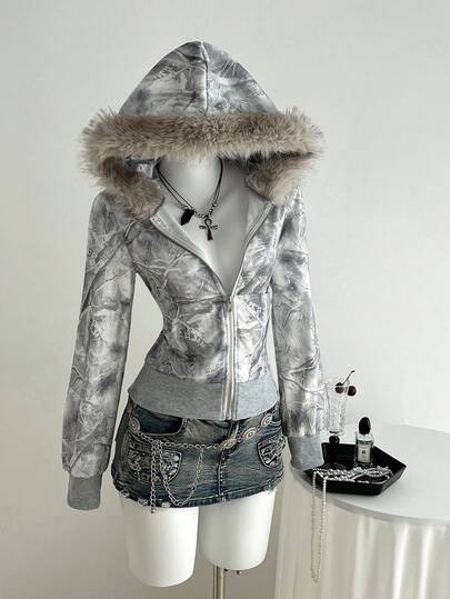 Elamini Damska szara, patchworkowa, futrzana bluza z kapturem i zamkiem błyskawicznym, luźny sweter na jesień/zimę, odpowiedni do noszenia na co dzień, do szkoły, na uroczystość ukończenia szkoły, na ulicę w stylu retro, do dojazdów do pracy, na czas wolny, do sportu i do domu