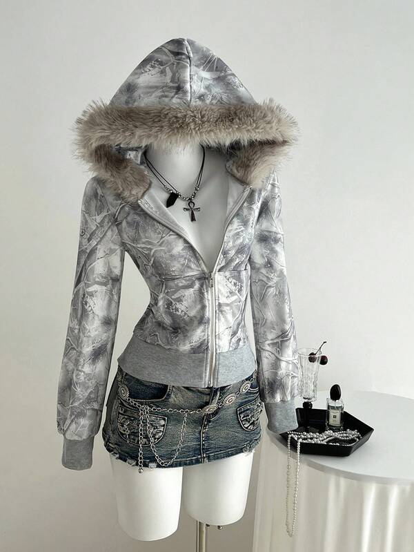 Elamini Damska szara, patchworkowa, futrzana bluza z kapturem i zamkiem błyskawicznym, luźny sweter na jesień/zimę, odpowiedni do noszenia na co dzień, do szkoły, na uroczystość ukończenia szkoły, na ulicę w stylu retro, do dojazdów do pracy, na czas wolny, do sportu i do domu