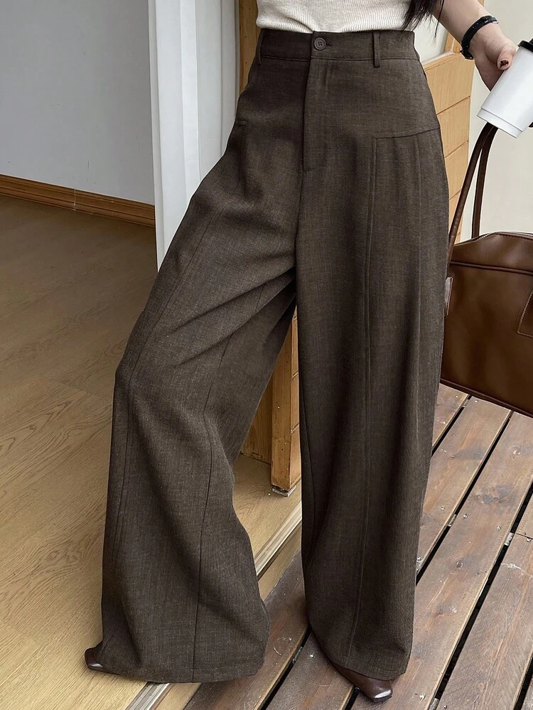 Women's Solid Color Button Zipper Casual Versatile Wide Leg Pants
