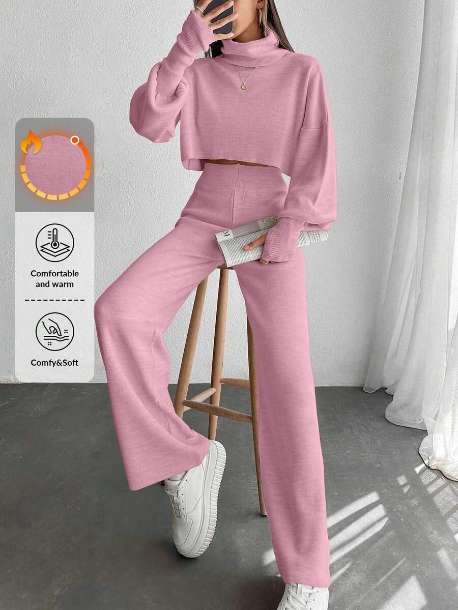 EURMUSE 2pcs Set: Solid Color Funnel Neck Lantern Sleeve Sweater Top & Long Pants, Elegant Knitted Suit - Baby Pink - View 1