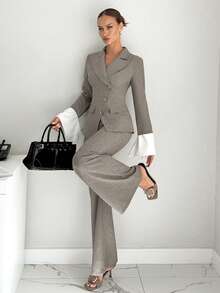 Siren Gaze 女士翻领长袖单排扣夹克和裤子休闲通勤套装 - 卡其色 - 查看 1