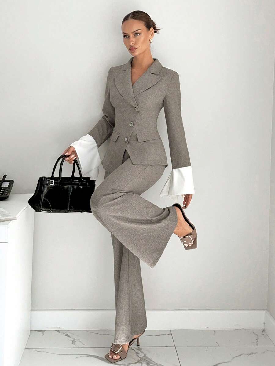 Siren Gaze 女士翻领长袖单排扣夹克和裤子休闲通勤套装 - 卡其色 - 查看 1