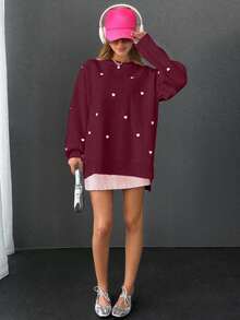 EURMUSE Maglia casual oversize con ricamo a forma di cuore e spalle cadenti - Bordò - Visualizzare 6