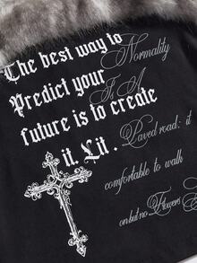 ROMWE Spring Carnival Party Graphic Black Retro Y2K Kpop Sexy Halter Patchwork Faux Fur Cross Letter Print Bodycon Camisole - Black - View 4