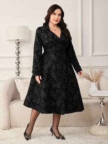 Reflora Plus Size Elegant Vintage Black 3D Rose Jacquard Waist Flare Dress Coat, 1950s Princess Style Waist Coat, Casual Chic Commuter Black Coat, Autumn Coat, Trench Coat, Black Trench Coat, Princess Coat, Fall Coat, Rose Coat, Floral Coat, Women's Winter Coat, Halloween Clothes For Women,  Fall Clothes For Women, Autumn Outfits For Women,Halloween Costumes, Halloween Costume, Halloween Clothes