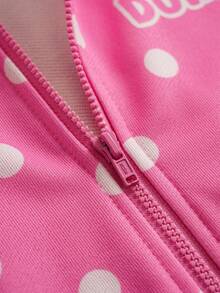 DORA | SHEIN 2 pièces/Set Jeune fille Décontracté Mignon Pois & Personnage de Dessin Animé Graphique Veste à Capuche Zippée à Manches Longues Rose & Legging Ajusté Décoré d'un Nœud