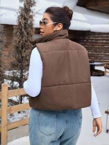 SHEIN EZwear Plus Size Solid Casual Zip Up Vest Winter Coat - Coffee Brown - View 8