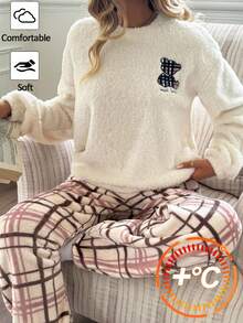 SHEIN Teen Girls Cartoon Bear Embroidery Plaid Teddy Pajama Set,Fleece Warmth, Bear Pattern, Checkered Two-Color Print, Autumn And Winter, Home, Casual, Young Girl, Sweatshirt And Sweatpants Set Fall - Multicolor - View 2