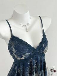 Elamini 1pc Y2K Style Sleeveless Top With Asymmetric Hem, Sequin Floral Print, Crisscross Straps, Casual For Women, Navy Blue, Spring/Summer