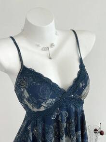 Elamini 1 件 Y2K 风格无袖上衣，不对称下摆，亮片花卉印花，交叉肩带，女士休闲，海军蓝，春夏