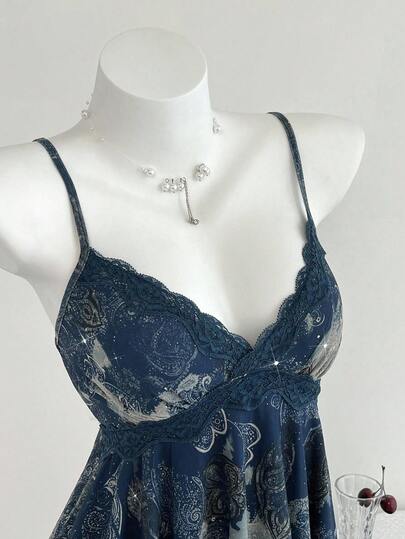 Elamini 1pc Y2K Style Sleeveless Top With Asymmetric Hem, Sequin Floral Print, Crisscross Straps, Casual For Women, Navy Blue, Spring/Summer