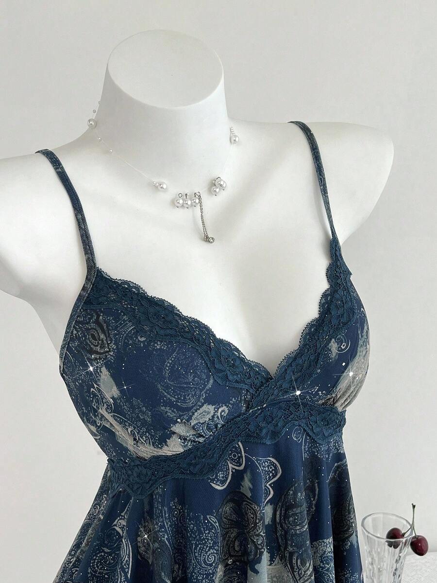 Elamini 1 件 Y2K 风格无袖上衣，不对称下摆，亮片花卉印花，交叉肩带，女士休闲，海军蓝，春夏