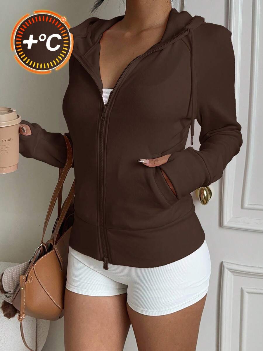 SHEIN EZwear Women's Casual Brown Sweatshirt, Autumn/Winter Brown Long Sleeve Top Brown Jacket Women - Brown - View 1