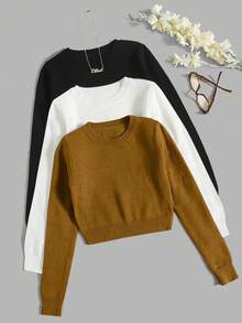 EMERY ROSE 3-Pack Women's Solid Color Crew Neck Long Sleeve Casual Cropped Sweater, Autumn/Winter