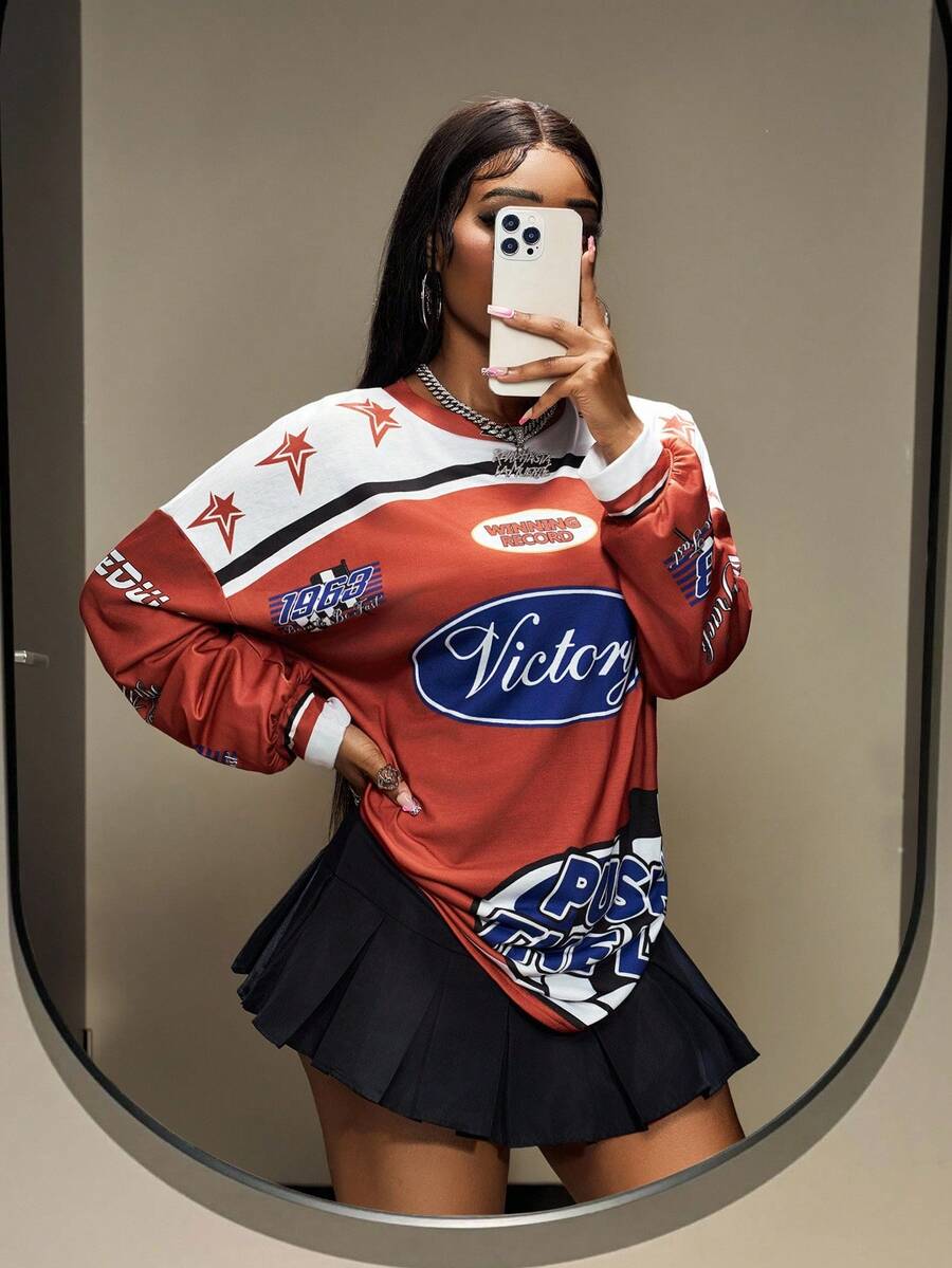 Slaydiva 新款秋冬女装返校季、休闲商务装、日常外出装、街头风、复古学院风超大圆领长袖宽松T恤 - 白色 - 查看 1