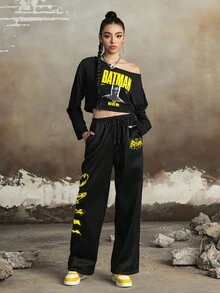 BATMAN X SHEIN 2件組女款休閒字母與圖形印花短版上衣與長褲套裝，秋季慢跑運動褲套裝，女款街頭風搖滾風兩件套長褲套裝 - 黑色 - 查看 1