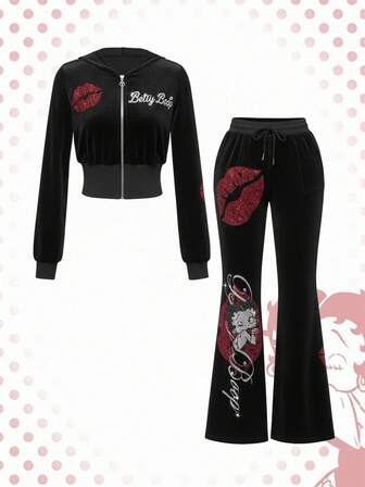 Betty Boop | ROMWE Conjunto de 2 piezas de chaqueta con capucha con cremallera, piedras rhinestone y labios rojos de personaje de dibujos animados de terciopelo Y2K y pantalones acampanados para mujer