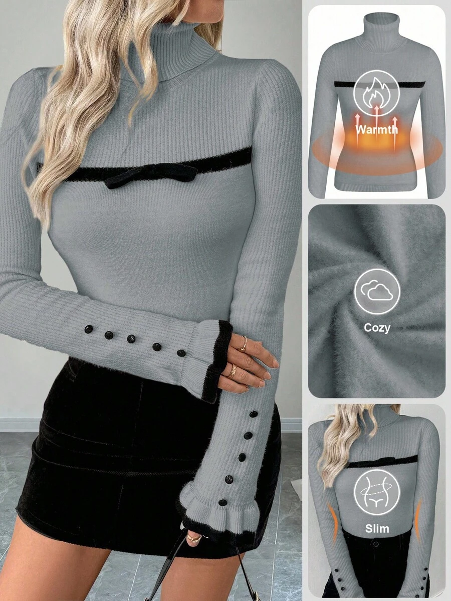 SHEIN LUNE Sweater Rajut Lengan Panjang Wanita Model Turtleneck dengan Kancing dan Rumbai, Dilengkapi Pita dan Lapisan Termal yang Pas di Badan - Grey - View 1