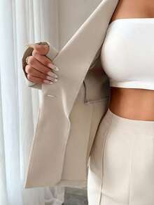 Elenzga 优雅束腰套装，时尚通勤喇叭修身裤，节日/约会装，独立日，女教师装 - 杏色 - 查看 4