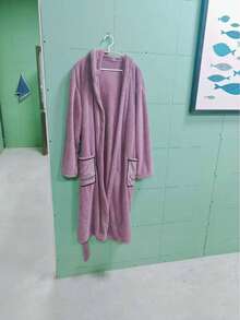 1pc Women Solid Color With Pockets Tie Waist Hooded Long Sleeve Robe Summer Wedding Home Bathroom Decor Beach Wear - Bean paste applique bathrobe - View 2