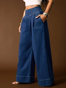Vixey Casual, Contrast Stitch Back Lace Up High Waist Pleated Ultra Wide Leg Denim Jeans - Medium Wash - View 3