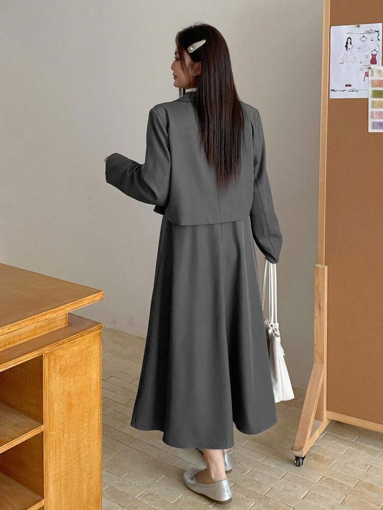 Dazy Plus Shirt Collar Patchwork 2 In 1 Cinched Waist Collegiate Style Long Dress With Short Jacket, Casual Plus Size Women Suit Set, Spring/Autumn Business Attire