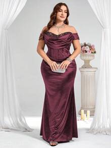 Coutiva Váy dạ hội trang trọng trễ vai thanh lịch cho nữ cỡ lớn - Màu Đỏ Sâu - Xem 3