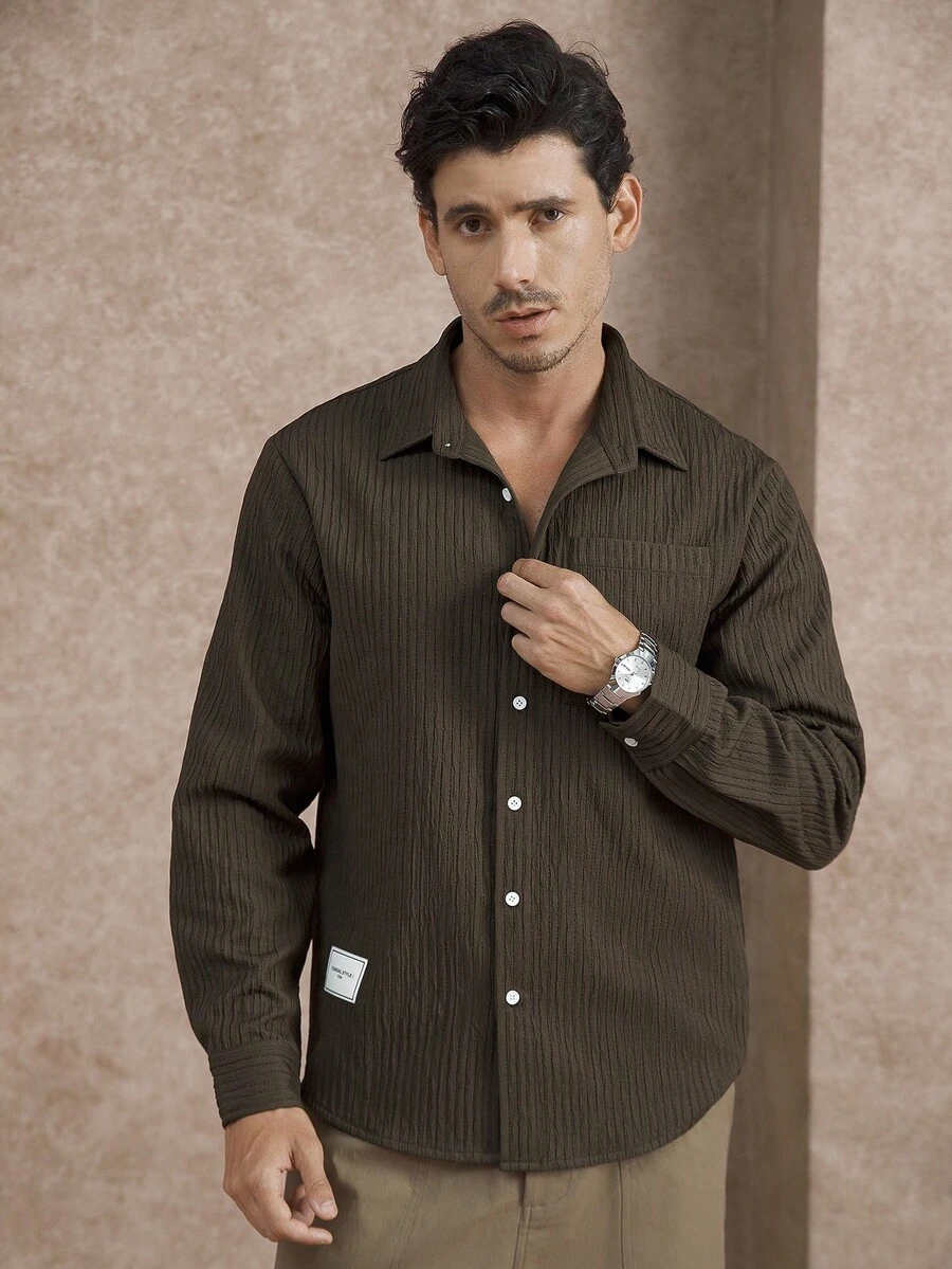 Core Aspect 2025 Autumn New Men's Casual Minimalist Brown Tree Bark Texture Long Sleeve Shirt With 3D Pockets, Suitable For Commuting - Brown - View 1