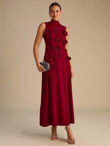 Enchnt Rochie romantică vișinie, fără mâneci, cu ornamente florale 3D, perfectă pentru toamnă și iarnă. Elegantă și stilată, este potrivită pentru petreceri, întâlniri, sărbători, absolviri, ieșiri în oraș, Halloween, Crăciun și alte ocazii. (Ținute de toamnă pentru femei, costume de toamnă, carnaval, ținute de Revelion pentru femei) - roșu - Vizualizare 1