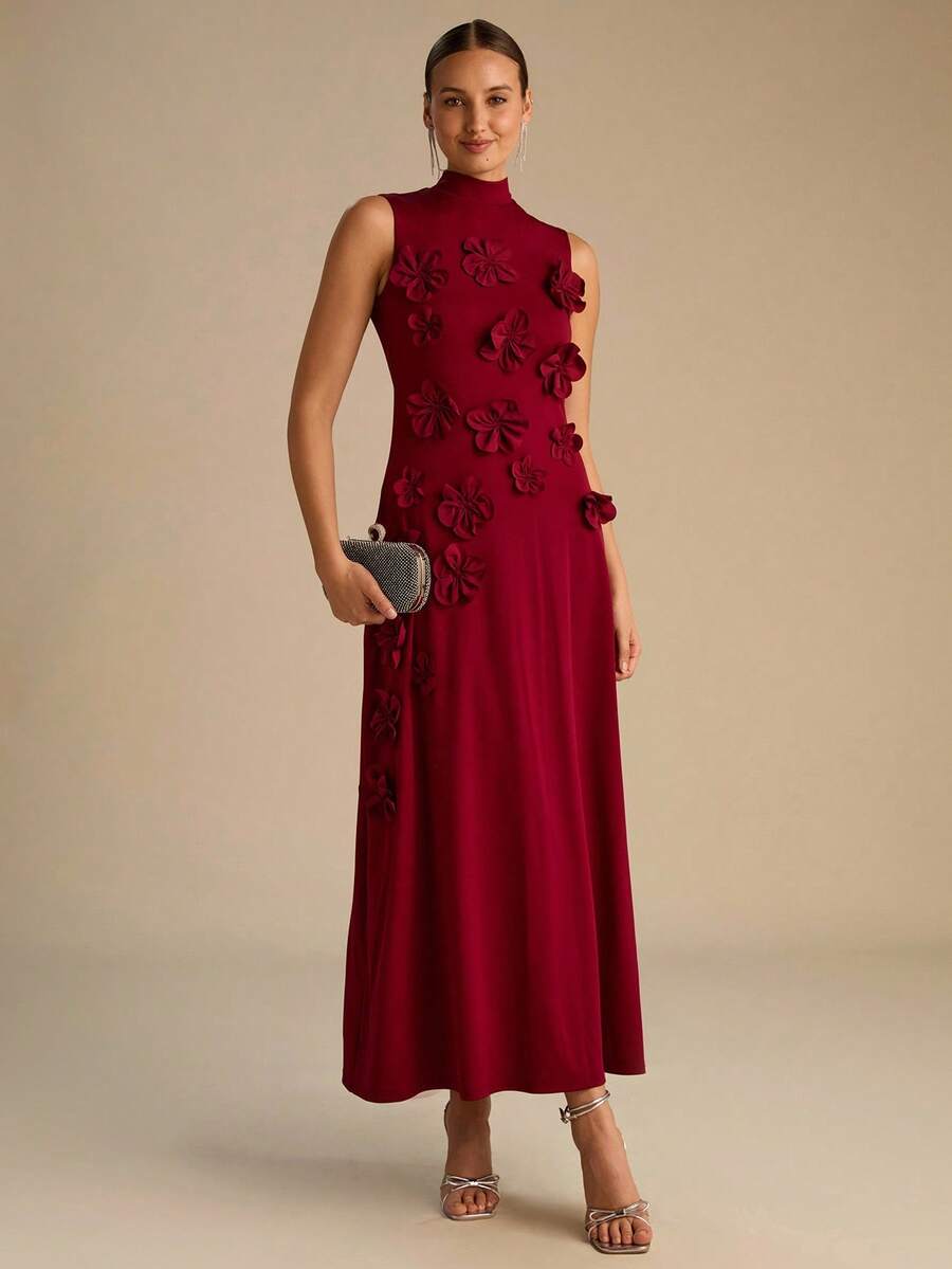 Enchnt Rochie romantică vișinie, fără mâneci, cu ornamente florale 3D, perfectă pentru toamnă și iarnă. Elegantă și stilată, este potrivită pentru petreceri, întâlniri, sărbători, absolviri, ieșiri în oraș, Halloween, Crăciun și alte ocazii. (Ținute de toamnă pentru femei, costume de toamnă, carnaval, ținute de Revelion pentru femei) - roșu - Vizualizare 1