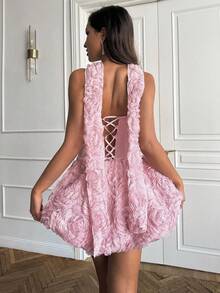 SHEIN BAE Váy ôm sát cơ thể ngắn màu hồng trơn không dây họa tiết hoa, váy họa tiết hoa 3D, váy gợi cảm và thanh lịch, váy lãng mạn, váy hẹn hò, váy sinh nhật, tiệc hộp đêm, halloween, giáng sinh, tiệc hẹn hò - Hồng - Xem 2
