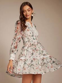 Enchnt Women's White Floral Elegant Mini Dress,Autumn Fall/Winter Lace Patchwork Long Puff Sleeve Sweet Date Tea Party Graduation Season Bohemian Clothing - White - View 4