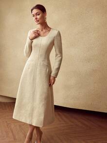 MOTF PREMIUM TWEED CONTRAST SEQUIN SLIM WAIST MIDI DRESS - Apricot - View 6