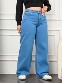 EURMUSE Plus Size Women Pockets Loose Wide Leg Casual Versatile Jeans - Baby Blue - View 4