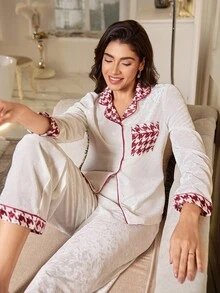 LuxeNights LuxeNights Set pijama elegant pentru femei, culoare solidă, model Houndstooth, cu model patchwork, strasuri, guler din catifea, cardigan și pantaloni, toamnă/iarnă, haine de toamnă