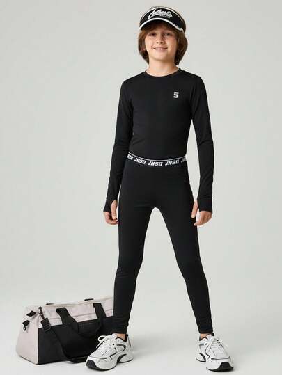 JNSQ 2 pièces/Set Tenue de sport pour garçons pour l'automne/l'hiver, T-shirt à manches longues slim assorti à un legging slim. Convient pour le port quotidien, les activités extérieures, les vacances, le streetwear, les fêtes et les tenues décontractées